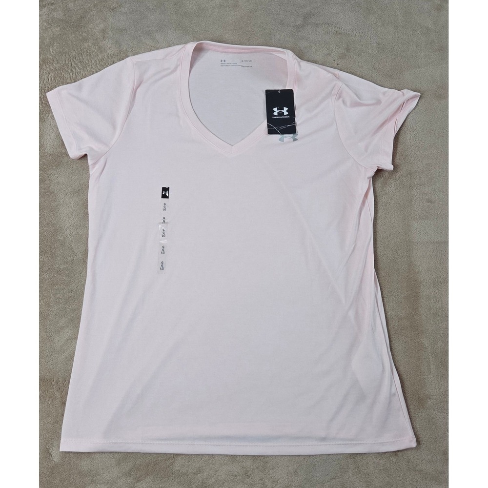 Under Armour Heat Gear T-Shirt‎ Womens V-Neck Large Pink Short Sleeve 1258568